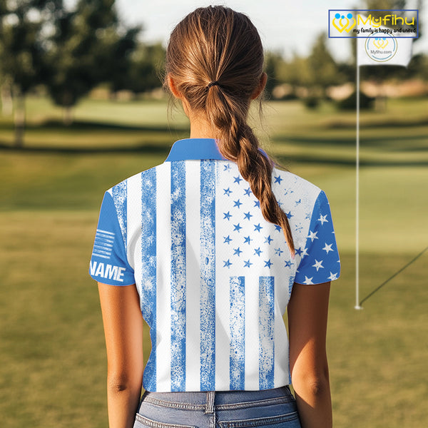 Personalized Blue & White American Flag Retro Women golf polo shirts Custom Patriotic ladies golf top NQS10308