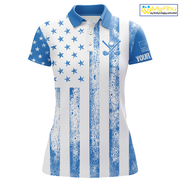 Personalized Blue & White American Flag Retro Women golf polo shirts Custom Patriotic ladies golf top NQS10308