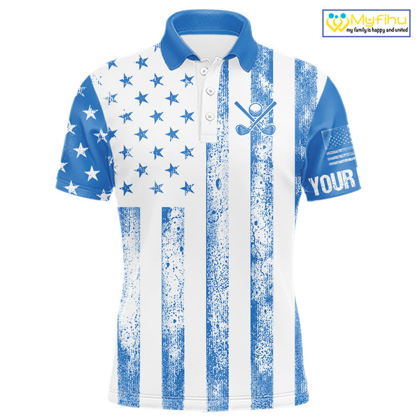 Personalized Blue & White American Flag Retro Men golf polo shirts Custom Patriotic golf top for men NQS10308