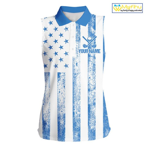 Personalized Blue & White American Flag Retro Women sleeveless polo shirt Patriotic laies golf top NQS10308