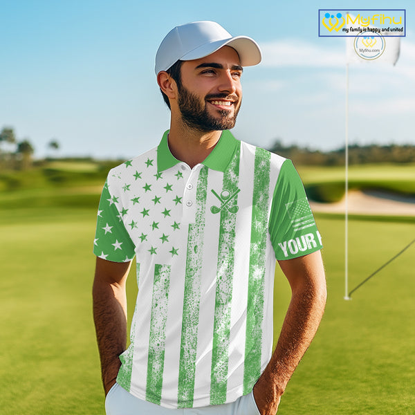 Personalized Green & White American Flag Retro Men golf polo shirts Custom Patriotic golf top for men NQS10309