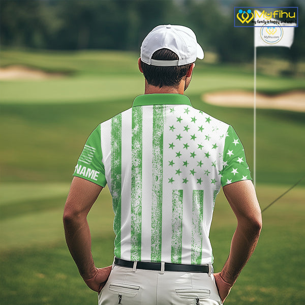 Personalized Green & White American Flag Retro Men golf polo shirts Custom Patriotic golf top for men NQS10309