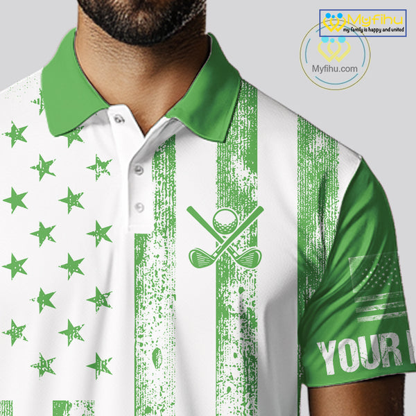 Personalized Green & White American Flag Retro Men golf polo shirts Custom Patriotic golf top for men NQS10309