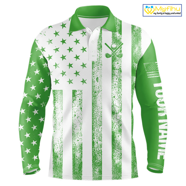 Personalized Green & White American Flag Retro Men golf polo shirts Custom Patriotic golf top for men NQS10309