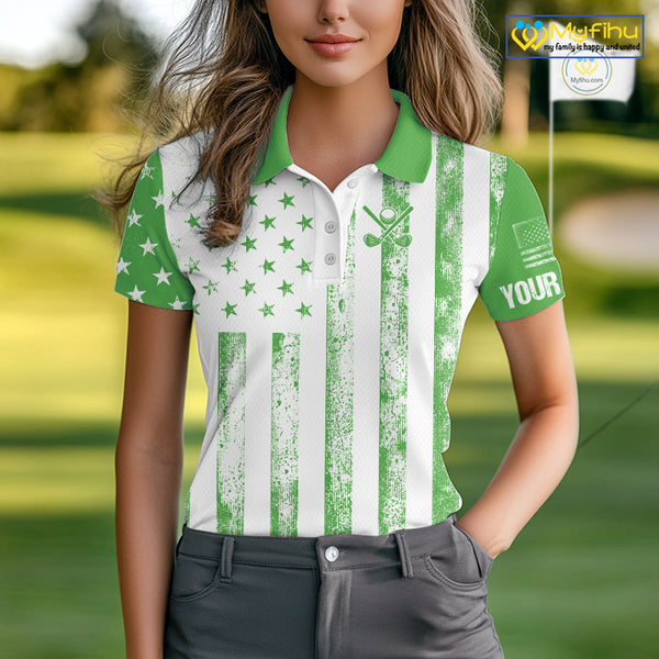 Personalized Green & White American Flag Retro Women golf polo shirt Custom Patriotic ladies golf top NQS10309