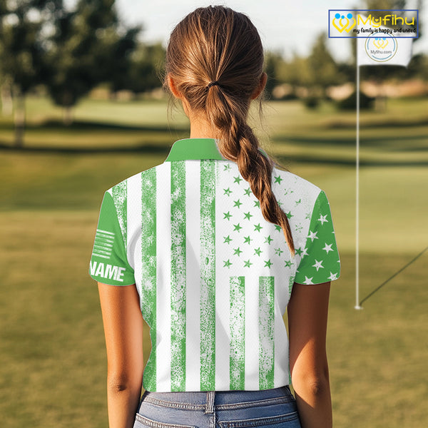 Personalized Green & White American Flag Retro Women golf polo shirt Custom Patriotic ladies golf top NQS10309