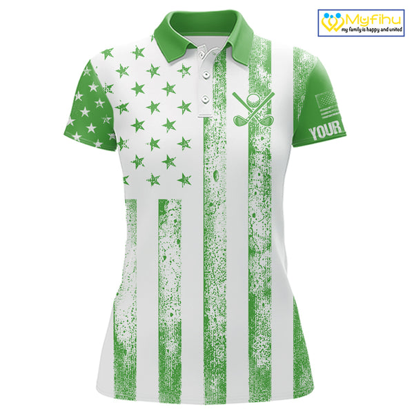 Personalized Green & White American Flag Retro Women golf polo shirt Custom Patriotic ladies golf top NQS10309
