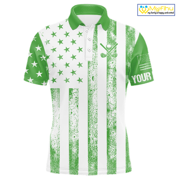 Personalized Green & White American Flag Retro Men golf polo shirts Custom Patriotic golf top for men NQS10309