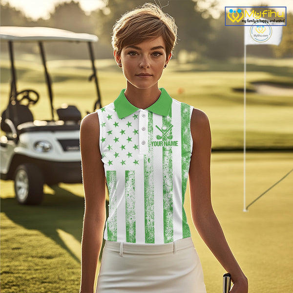Personalized Green & White American Flag Retro Women sleeveless polo shirt Patriotic laies golf top NQS10309