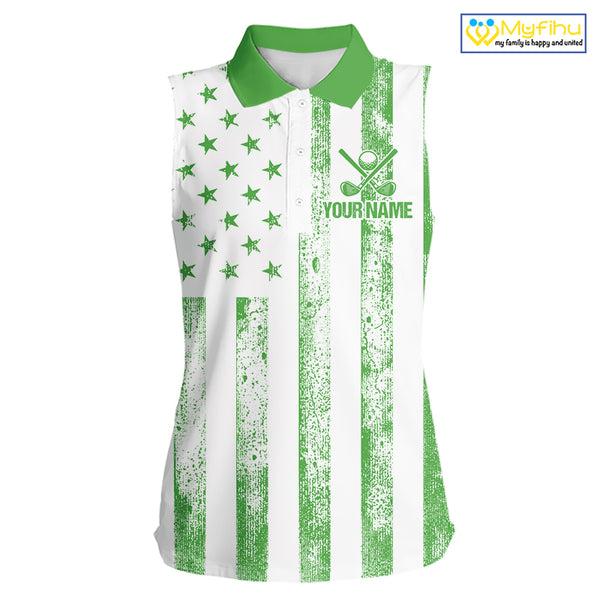 Personalized Green & White American Flag Retro Women sleeveless polo shirt Patriotic laies golf top NQS10309