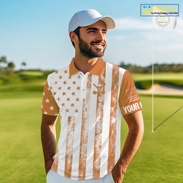 Personalized Orange & White American Flag Retro Men golf polo shirt Custom Patriotic golf top for men NQS10310