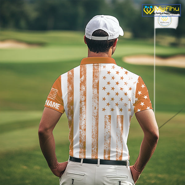 Personalized Orange & White American Flag Retro Men golf polo shirt Custom Patriotic golf top for men NQS10310