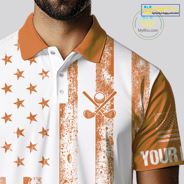 Personalized Orange & White American Flag Retro Men golf polo shirt Custom Patriotic golf top for men NQS10310