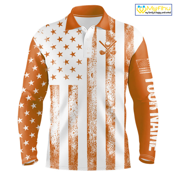 Personalized Orange & White American Flag Retro Men golf polo shirt Custom Patriotic golf top for men NQS10310