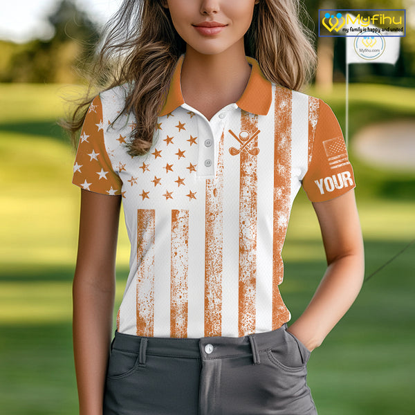 Personalized Orange White American Flag Retro Women golf polo shirt Custom Patriotic ladies golf top NQS10310