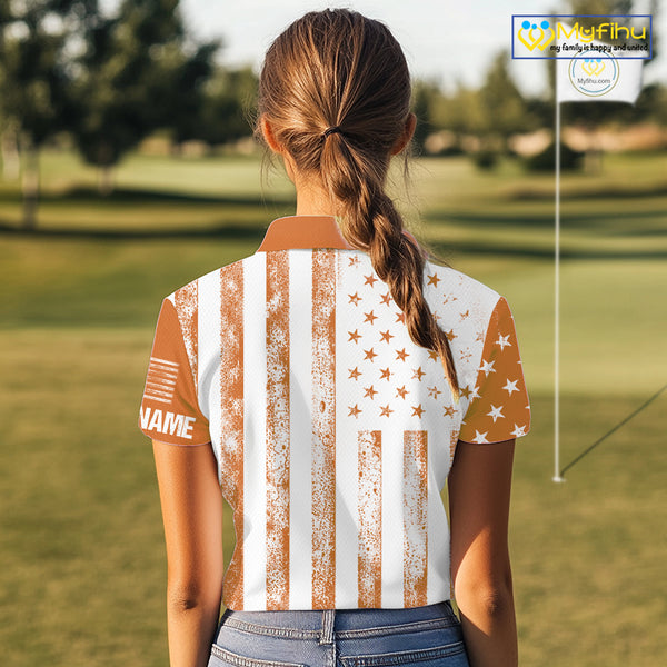 Personalized Orange White American Flag Retro Women golf polo shirt Custom Patriotic ladies golf top NQS10310