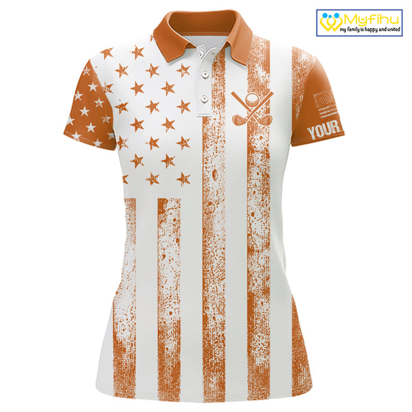 Personalized Orange White American Flag Retro Women golf polo shirt Custom Patriotic ladies golf top NQS10310