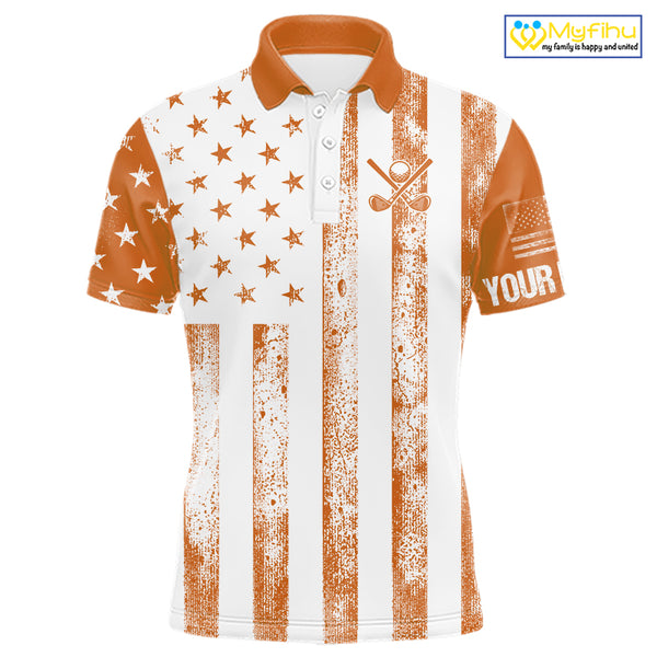 Personalized Orange & White American Flag Retro Men golf polo shirt Custom Patriotic golf top for men NQS10310