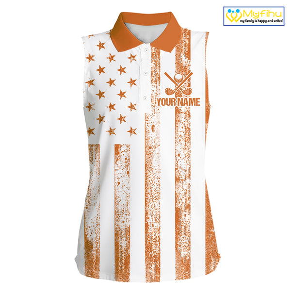 Personalized Orange & White American Flag Retro Women sleeveless polo shirt Patriotic laies golf top NQS10310