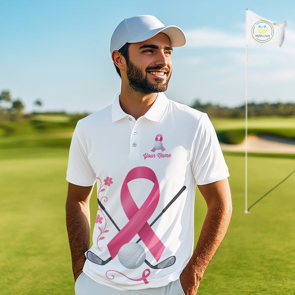 Pink ribbon golf ball clubs Mens polo golf shirts Custom Breast cancer awareness team golf jerseys NQS10506