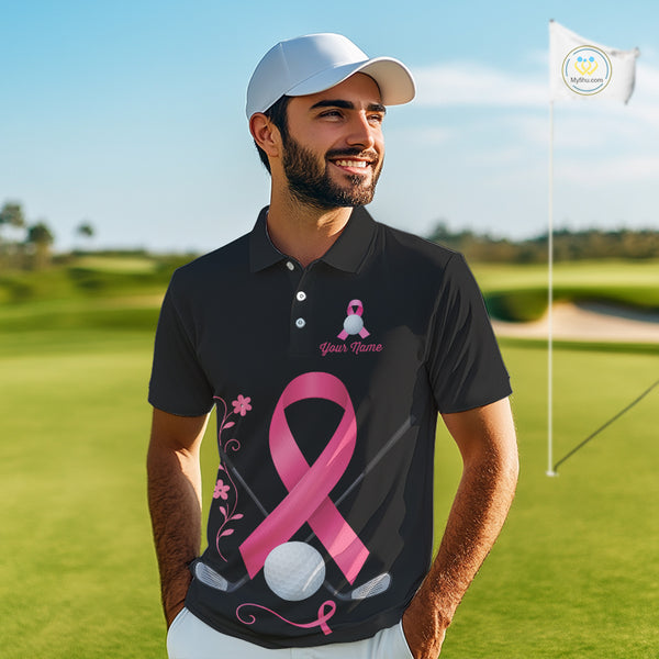 Pink ribbon golf ball clubs Black Mens polo golf shirts Custom Breast cancer team golf jerseys NQS10507