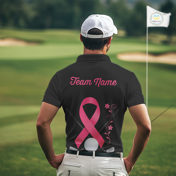 Pink ribbon golf ball clubs Black Mens polo golf shirts Custom Breast cancer team golf jerseys NQS10507