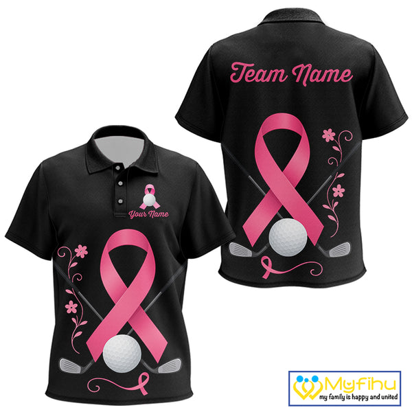 Pink ribbon golf ball clubs Black Kid polo golf shirt Custom Breast cancer awareness team golf jersey NQS10507