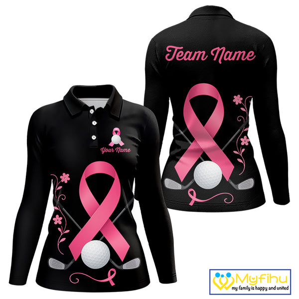 Pink ribbon golf ball clubs Black Women polo golf shirts Custom Breast cancer team golf jerseys NQS10507