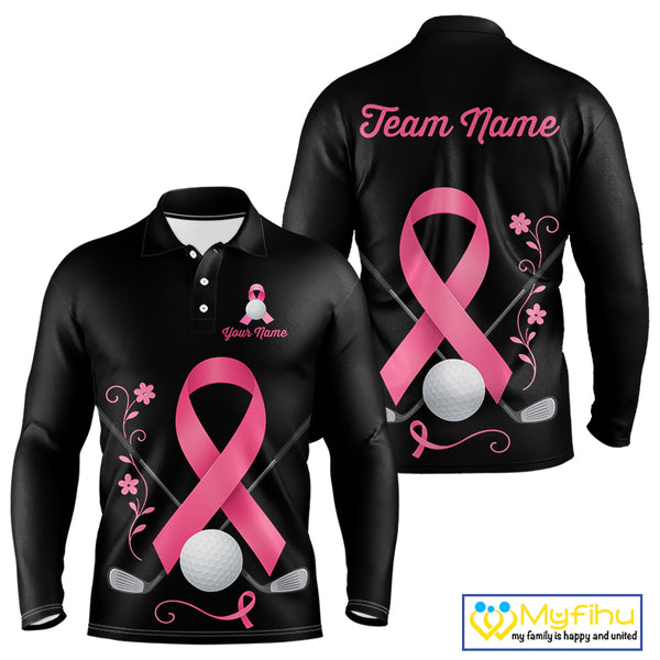 Pink ribbon golf ball clubs Black Mens polo golf shirts Custom Breast cancer team golf jerseys NQS10507