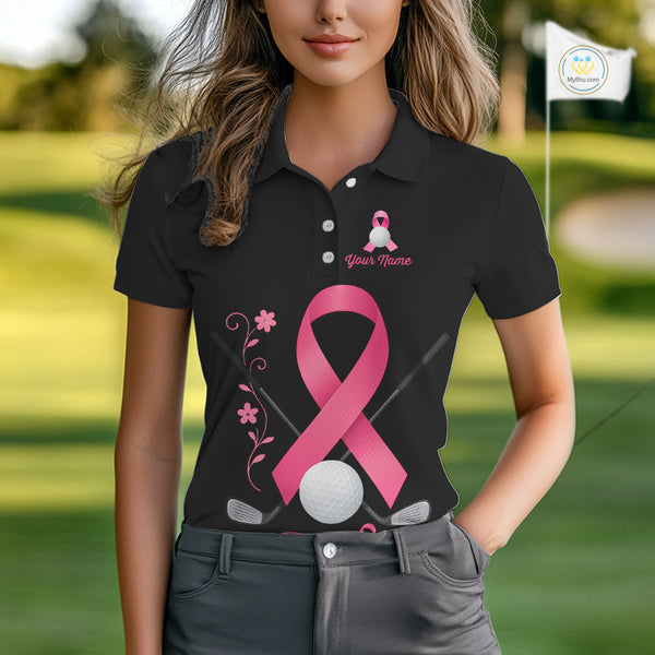 Pink ribbon golf ball clubs Black Women polo golf shirts Custom Breast cancer team golf jerseys NQS10507