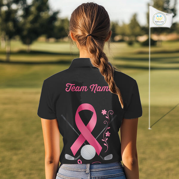 Pink ribbon golf ball clubs Black Women polo golf shirts Custom Breast cancer team golf jerseys NQS10507