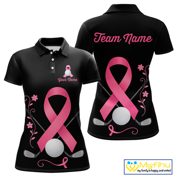 Pink ribbon golf ball clubs Black Women polo golf shirts Custom Breast cancer team golf jerseys NQS10507
