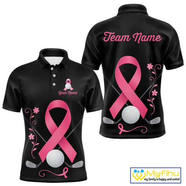 Pink ribbon golf ball clubs Black Mens polo golf shirts Custom Breast cancer team golf jerseys NQS10507