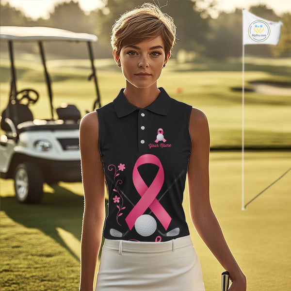 Pink ribbon golf ball club Black Sleeveless Polo golf shirt Custom Breast cancer team golf jersey NQS10507