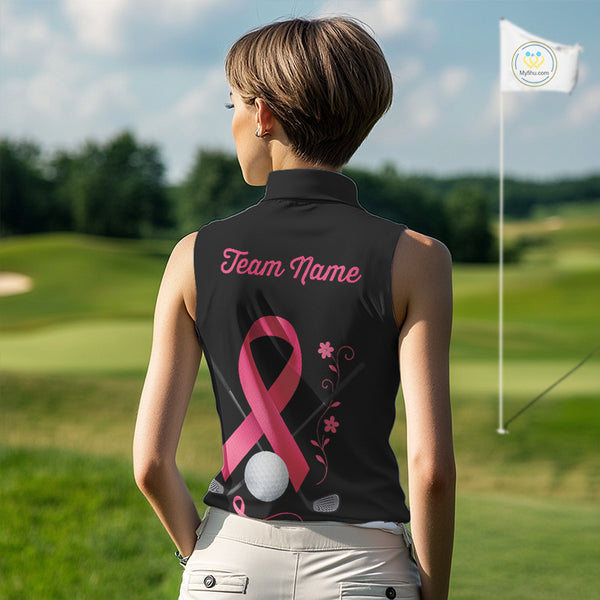 Pink ribbon golf ball club Black Sleeveless Polo golf shirt Custom Breast cancer team golf jersey NQS10507