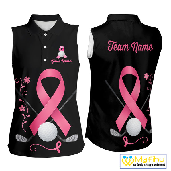 Pink ribbon golf ball club Black Sleeveless Polo golf shirt Custom Breast cancer team golf jersey NQS10507