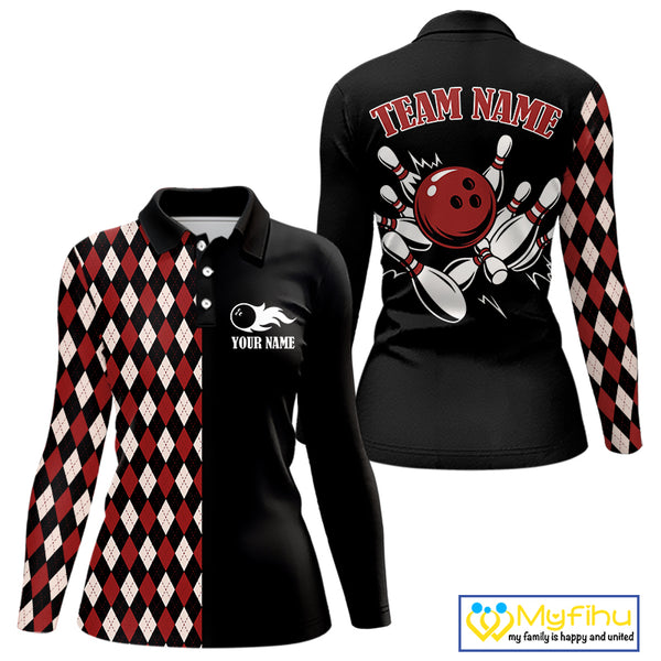 Black and Red Argyle Pattern Retro Women Bowling Polo, Quarter Zip Shirt Custom Team Bowling Outfit NQS10510