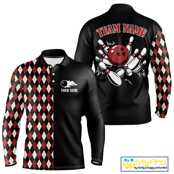 Black and Red Argyle Pattern Retro Bowling Polo, Quarter Zip Shirt for Men Custom Team Bowling Outfit NQS10510