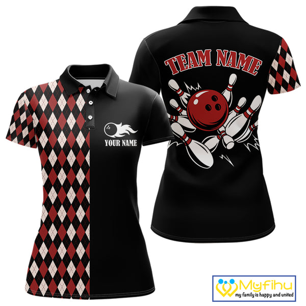Black and Red Argyle Pattern Retro Women Bowling Polo, Quarter Zip Shirt Custom Team Bowling Outfit NQS10510