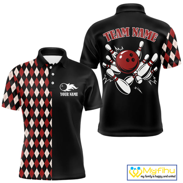 Black and Red Argyle Pattern Retro Bowling Polo, Quarter Zip Shirt for Men Custom Team Bowling Outfit NQS10510