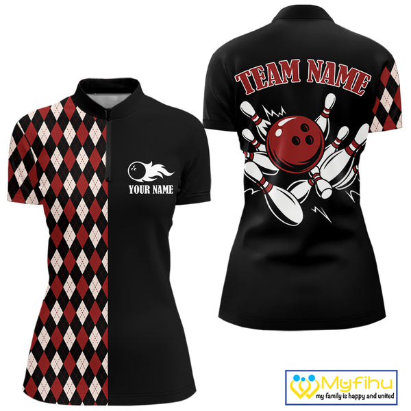 Black and Red Argyle Pattern Retro Women Bowling Polo, Quarter Zip Shirt Custom Team Bowling Outfit NQS10510