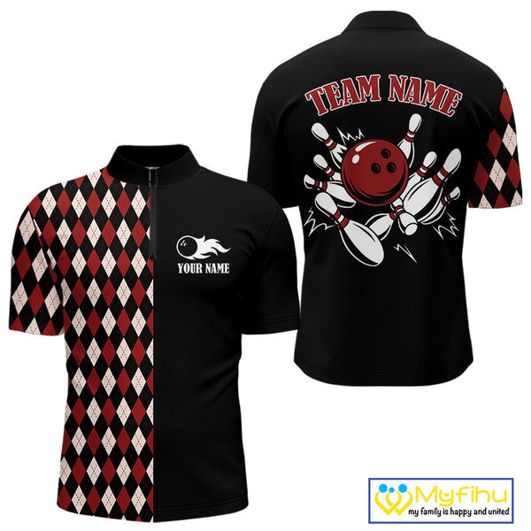 Black and Red Argyle Pattern Retro Bowling Polo, Quarter Zip Shirt for Men Custom Team Bowling Outfit NQS10510