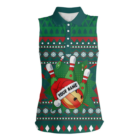 Green Christmas pattern Bowling Sleeveless Polo Shirts For Women Custom Christmas Bowling Team Jersey NQS8788