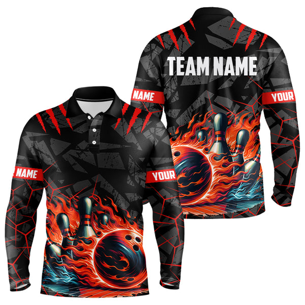 Bowling Polo, Quarter zip shirts for men Custom black & red flame bowling shirt, Team Bowling Jerseys NQS9015