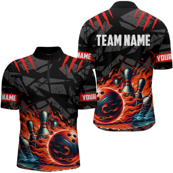 Bowling Polo, Quarter zip shirts for men Custom black & red flame bowling shirt, Team Bowling Jerseys NQS9015