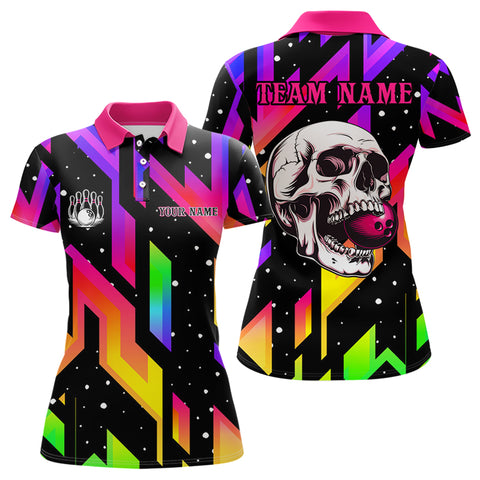 Colorful Black Skull Bowling Polo, 1/4 zip shirt for women Custom Team Bowling Jersey, gift for bowler NQS9021