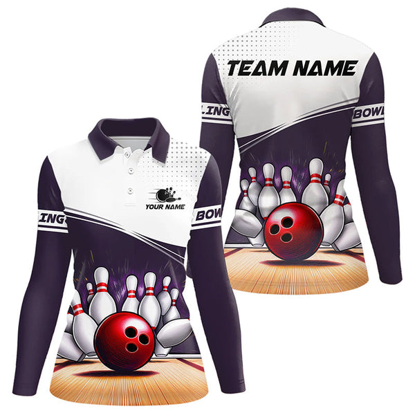 White and Purple Women Bowling Polo, Quarter Zip shirt Custom cool bowling jerseys for team NQS9260