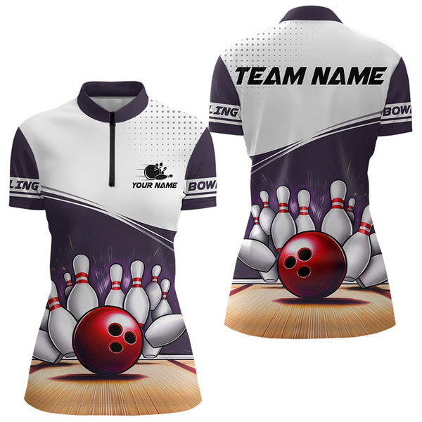 White and Purple Women Bowling Polo, Quarter Zip shirt Custom cool bowling jerseys for team NQS9260