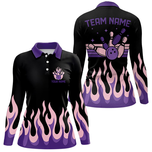 Black and Purple Flame Retro Bowling Polo, Quarter Zip Shirt for Women Custom Bowling Team Jerseys NQS9427