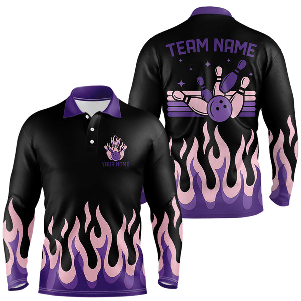 Black and Purple Flame Retro Bowling Polo, Quarter Zip Shirt for Men Custom Bowling Team Jerseys NQS9427